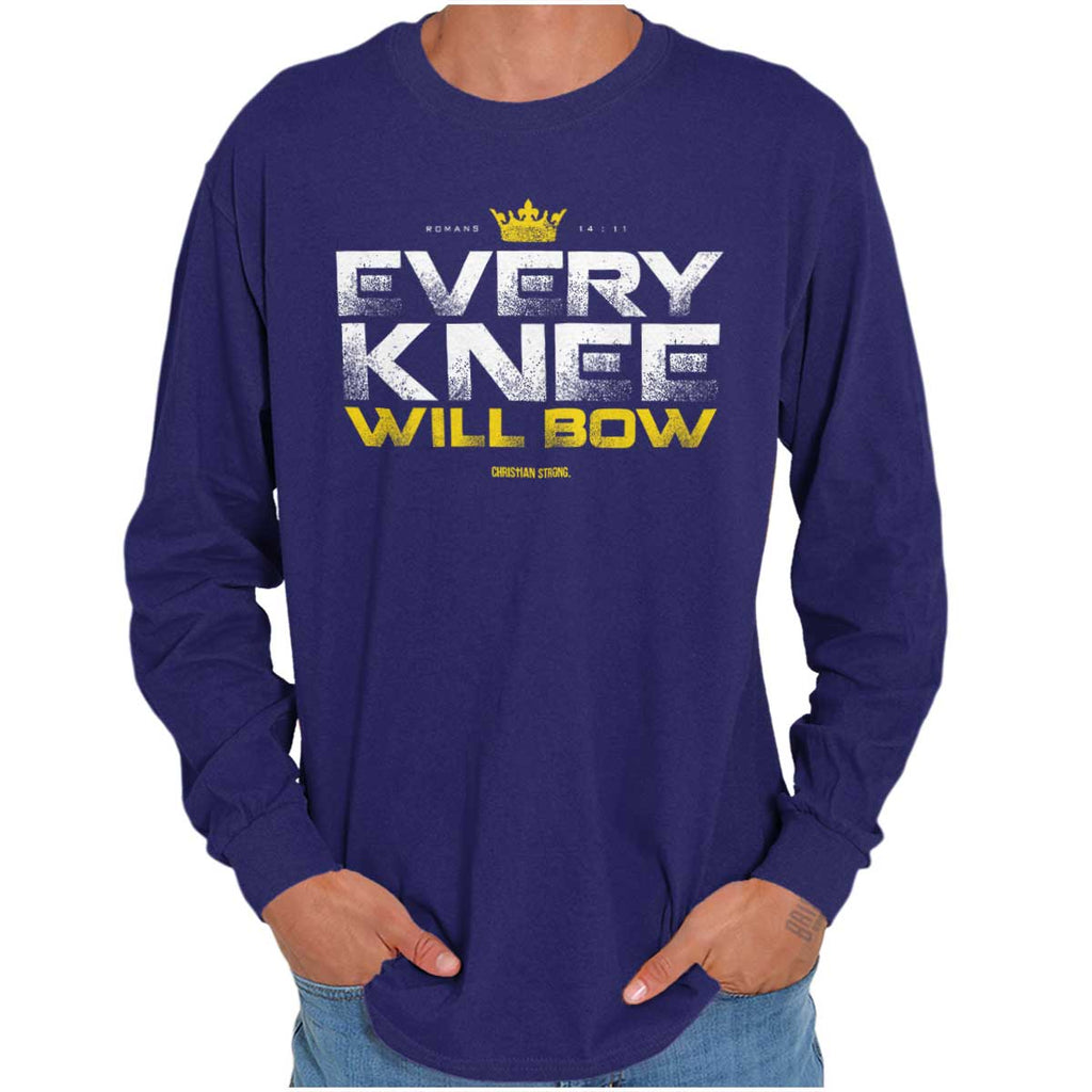 Every Knee Will Bow Crown Long Sleeve T Shirt-Direct To Garment Print-Christian Strong