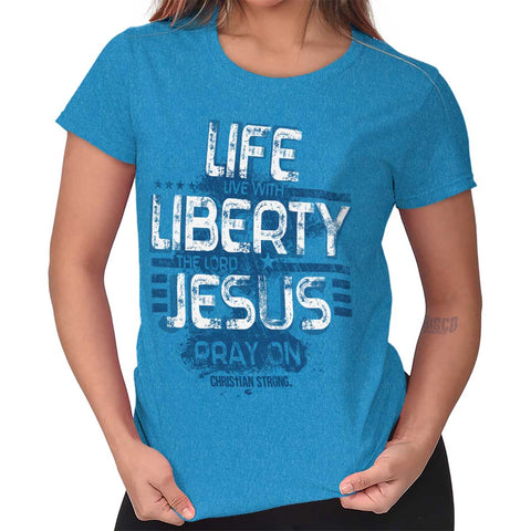 Christian Strong Live Liberty Ladies T Shirt, Heather Sapphire / Small