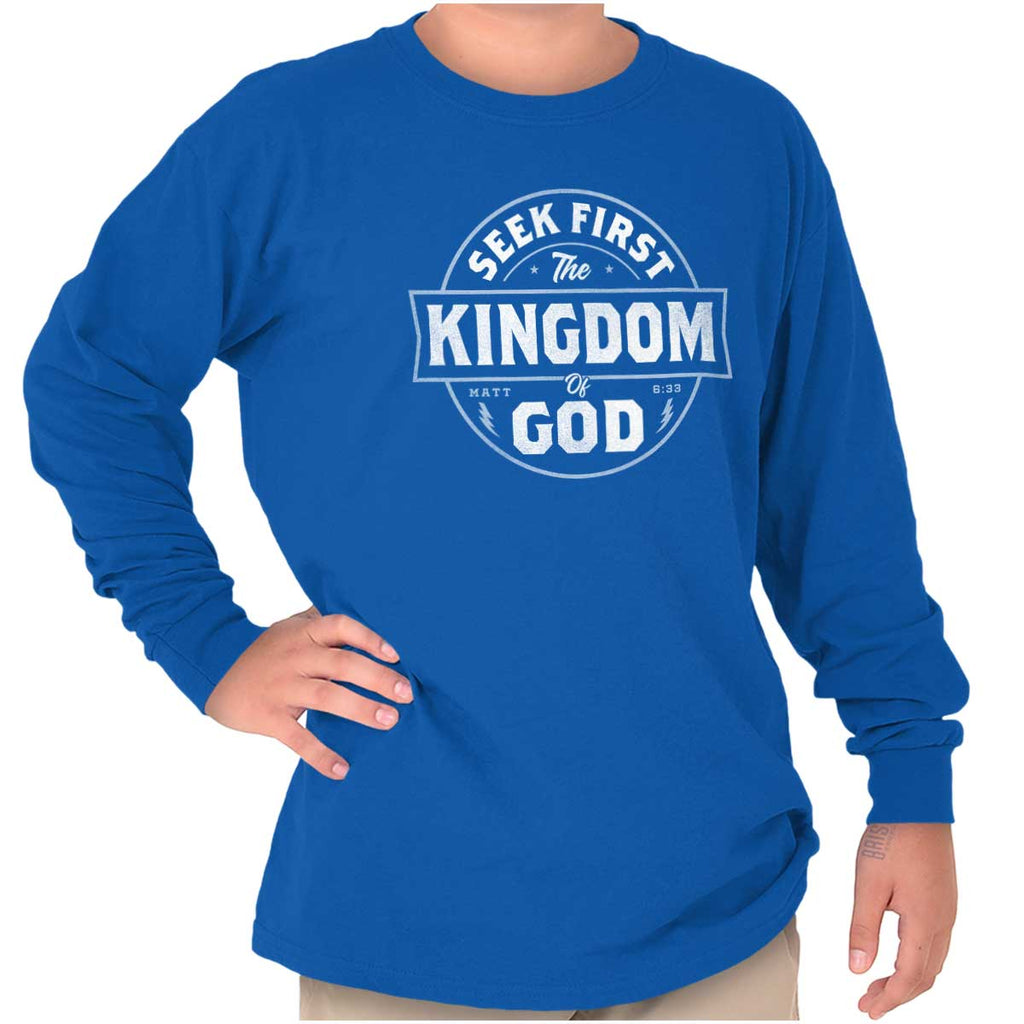 Seek First the Kingdom Youth Long Sleeve T Shirt-Direct To Garment Print-Christian Strong