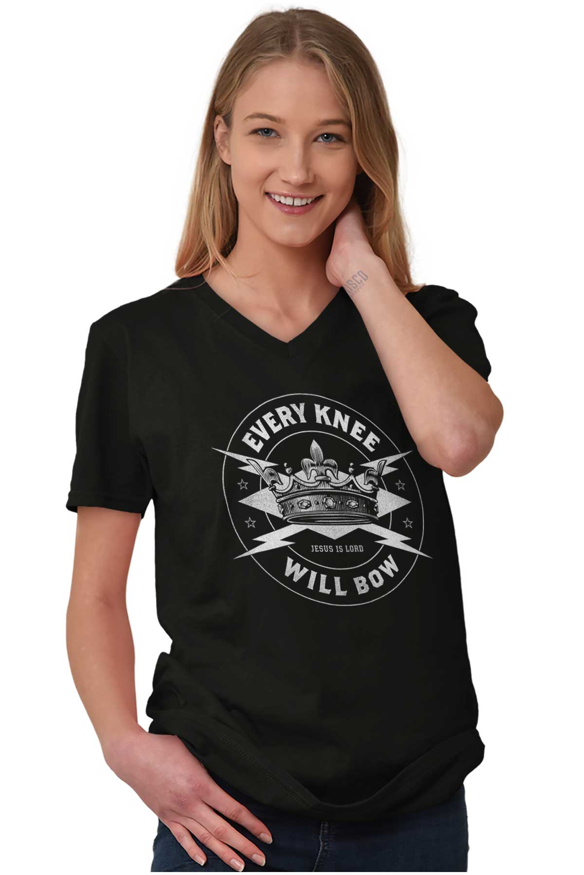 Every Knee Will Bow V-Neck Tee |Christian Strong
