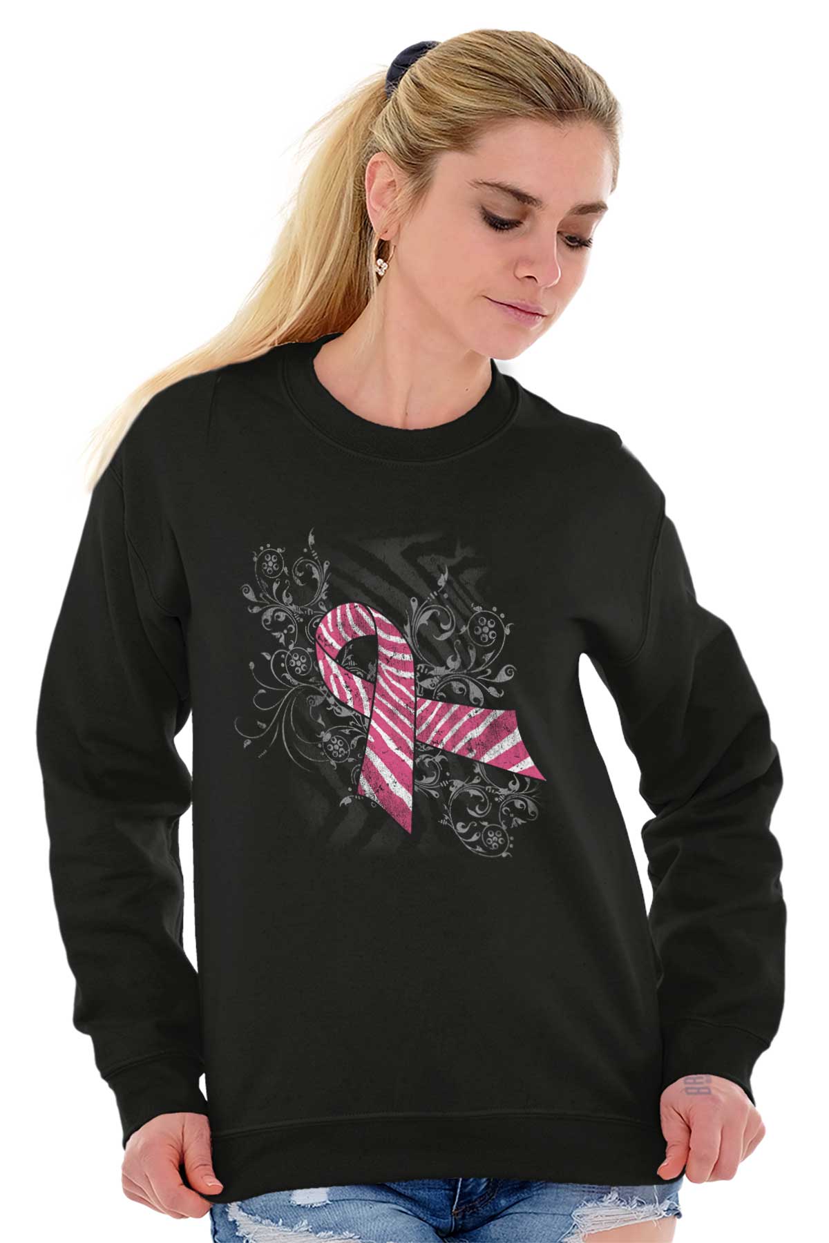 Christian Strong Women's Pink White Ribbon Crewneck Sweatshirt Fight Cancer Faith, Black / 4X Large