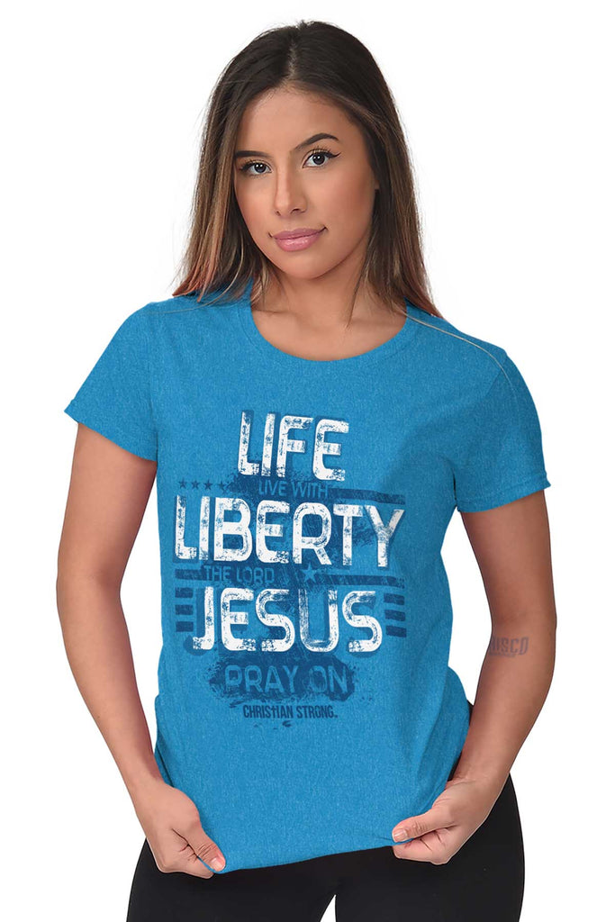 Christian Strong Live Liberty Ladies T Shirt, Heather Sapphire / Small