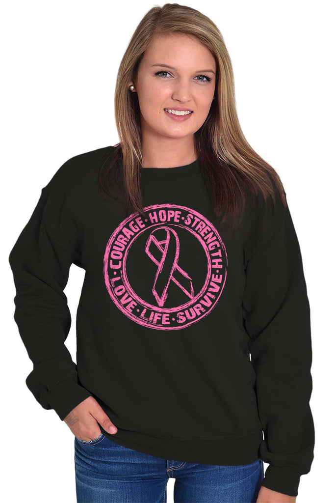 Christian Strong Women's Pink White Ribbon Crewneck Sweatshirt Fight Cancer Faith, Black / 4X Large