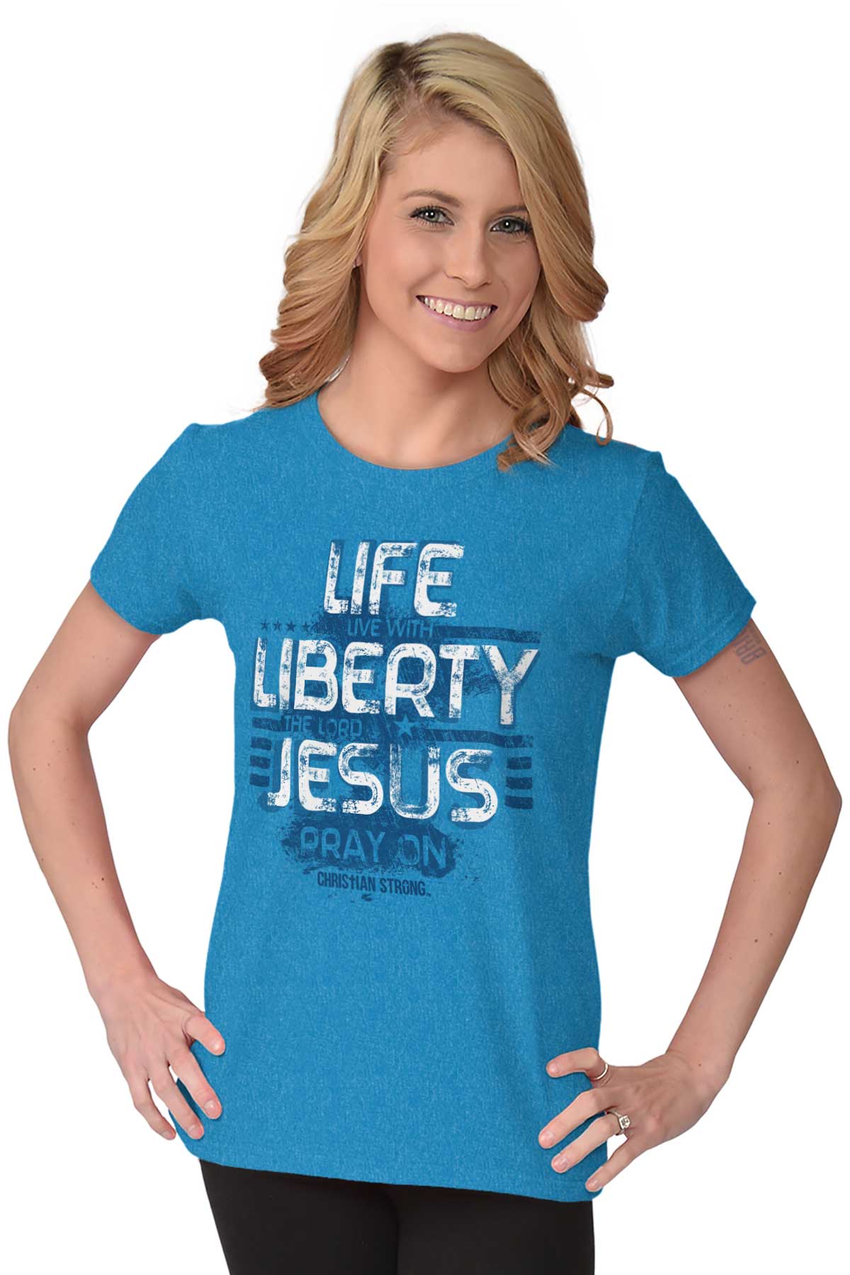 Christian Strong Live Liberty Ladies T Shirt, Heather Sapphire / Small