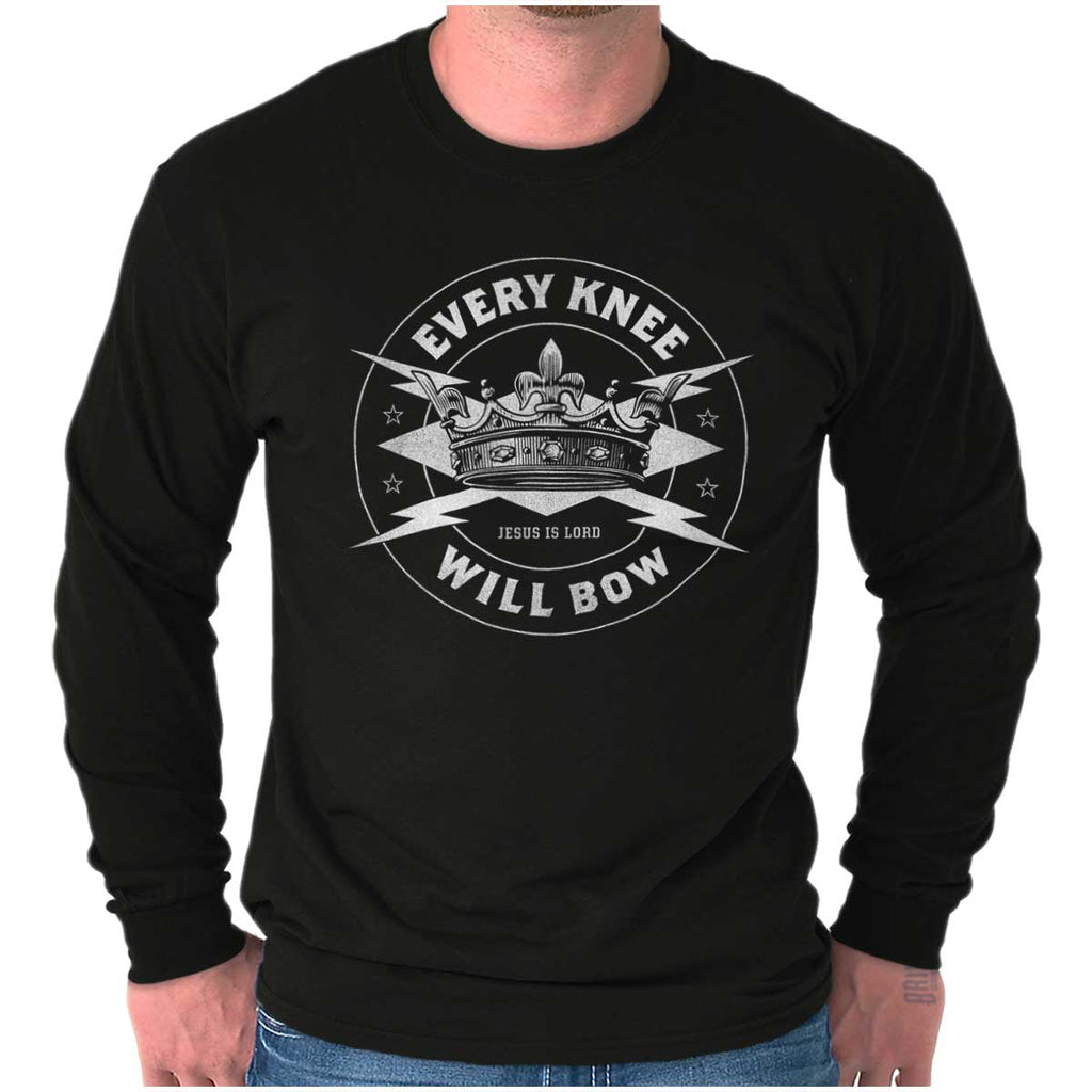 Every Knee Will Bow Long Sleeve T Shirt-Direct To Garment Print-Christian Strong