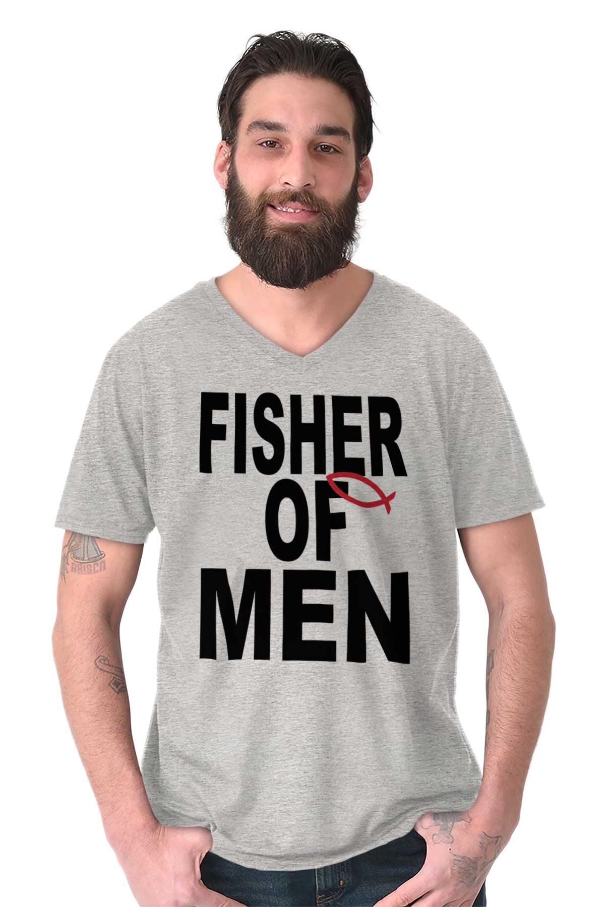 Christian Strong Fisher of Men V-Neck T-Shirt Men's Women's Christian Faith, Sport Grey / Small